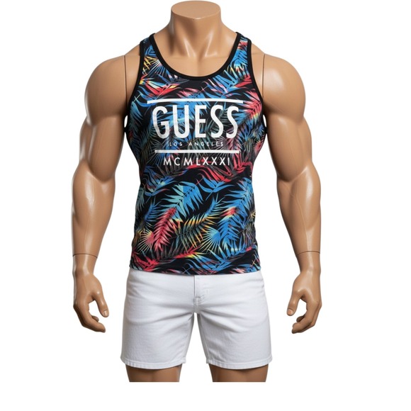 Guess Other - Guess LA Tank Top Mens S Black Tropical Palm Print Graphic Muscle Shirt Summer